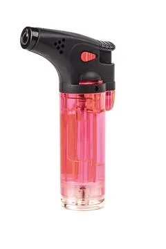 Closeup translucent red torch lighter, studiolit on white background, texture Stock Photos