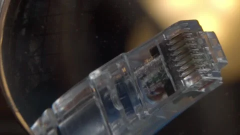 Closeup of Transparent Ethernet Connector With Visible Metal Contacts and Cable Stock Footage 346267226