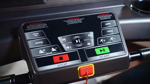 Closeup of treadmill control panel with buttons of program or training mode Stock Footage 201600202