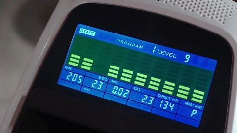Closeup of treadmill control panel with electronic screen for sport exercise Stock Footage 200922159