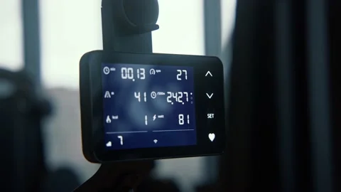 Closeup of treadmill control panel with electronic screen for sport exercise Stock Footage 239555545