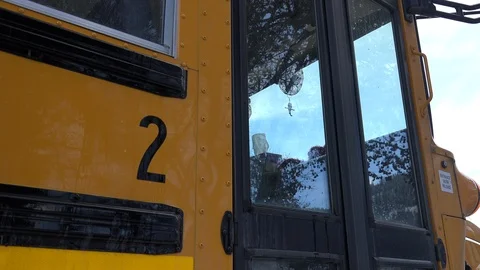 Closeup of Trees Reflected in Parked School Bus Window Stock Footage 127012863