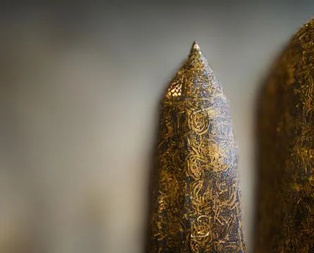Closeup of a triangular pointy surface covered with golden abstract patters on a 写真素材