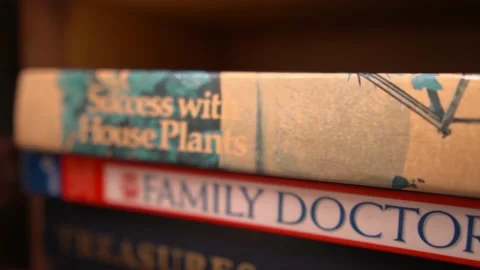 A closeup truck pan tracking down the spine of two household nonfiction Stock Footage 223105850