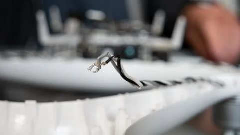 Closeup of two cable contacs. Blurred drone and male hand as background Stock Photos