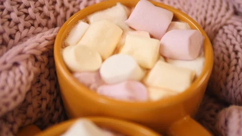 Closeup Of Two Cups With Hot Chocolate With Marshmallow. Stock Footage 122250870