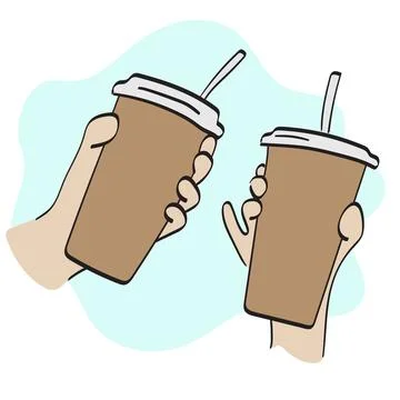 Closeup two hands holding iced coffee illustration vector hand drawn Stock Illustration