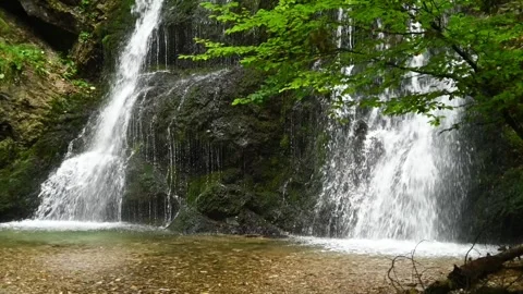 Closeup of the of a twofold waterfall in a forest, slow motion Stock-Footage 260935997