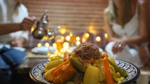 Closeup of typical Moroccan couscous dish Stock Footage 110851019