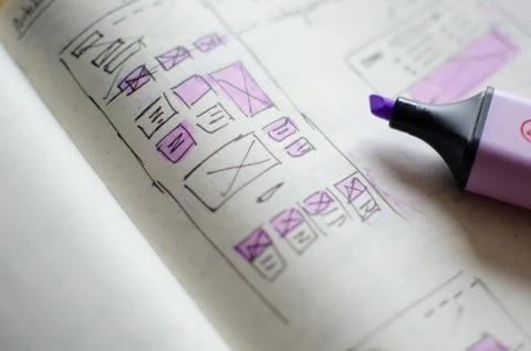 Closeup of UI/UX draft sheet with highlighted areas with a magic marker Foto stock