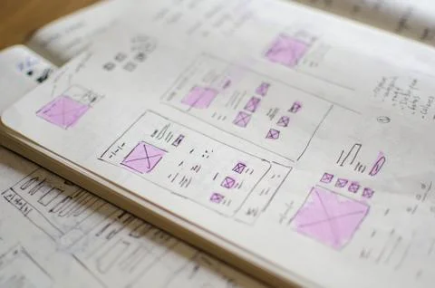 Closeup of UI/UX draft sheet with highlighted areas with a magic marker Stock Photos