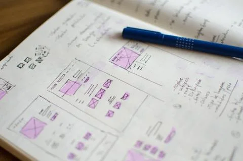 Closeup of UI/UX draft sheet with highlighted areas with a magic marker Stock Photos