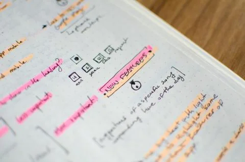 Closeup of UI/UX draft sheet with highlighted areas with a magic marker Stock Photos