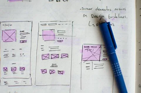 Closeup of UI/UX draft sheet with highlighted areas with a magic marker 写真素材