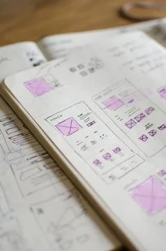 Closeup of UI/UX draft sheet with highlighted areas with a magic marker Stock Photos