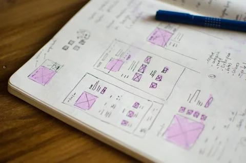 Closeup of UI/UX draft sheet with highlighted areas with a magic marker Stock Photos