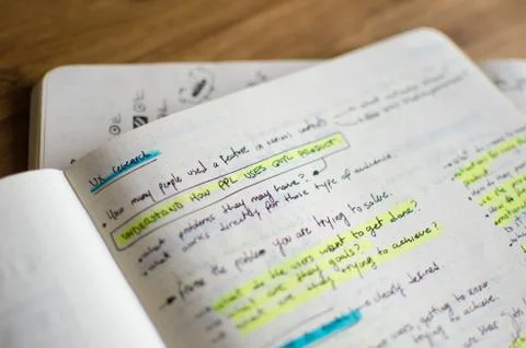 Closeup of UI/UX draft sheet with highlighted areas with a magic marker 写真素材