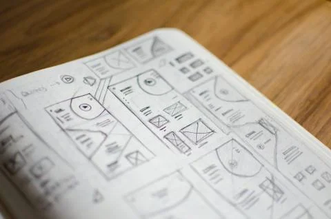 Closeup of UI/UX draft sheet with highlighted areas with a magic marker Stock Photos