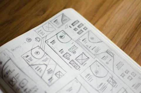 Closeup of UI/UX draft sheet with highlighted areas with a magic marker Stock Photos