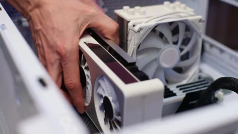 Closeup of unrecognizable master repairman assembling PC system unit, install Stock Footage 270461755