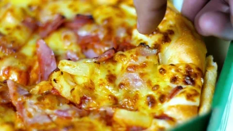 Closeup unrecognizable young people taking pizza slices in slow motion from Video stock 336586804