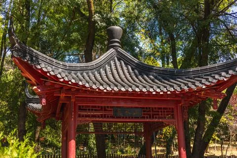 Closeup Upper Part of Chinese Square Pavilion in Tirana Lake Park Stock Photos
