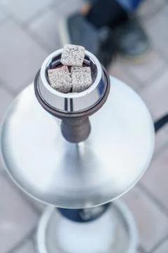 A closeup upper view of shining silver hookah Stock Photos