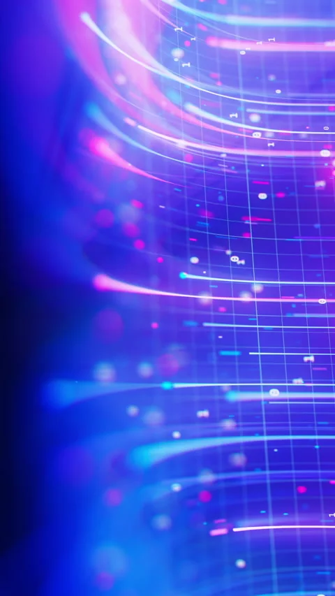 Closeup of upward neon line flow carrying big data at light speed. Digital data Stock Footage 347318154