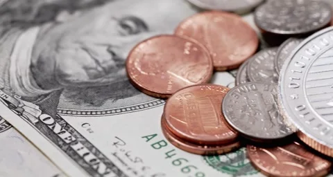 Closeup of US Dollar banknotes. Panning over Dollar bills to Litecoin crypto Stock Footage 158652744