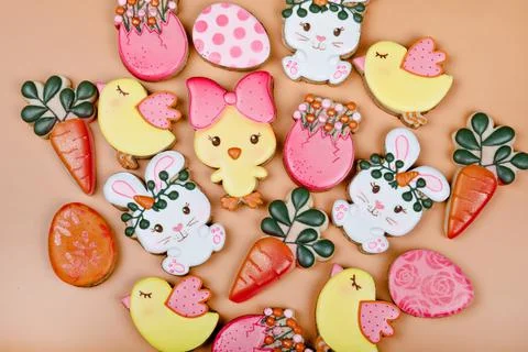 Closeup of variation of different Easter sugar cookies decorated with royal Stock Photos