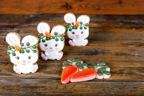 Closeup of variation of different Easter sugar cookies decorated with royal Stock Photos