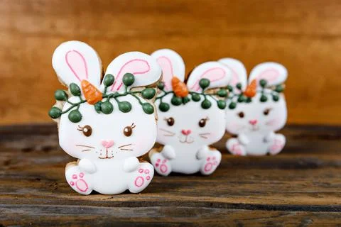 Closeup of variation of different Easter sugar cookies decorated with royal Stock Photos