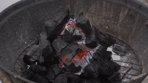 Closeup of various coals on a grill turning red hot and ashes flying in the 動画素材 155808258