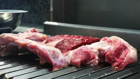 Closeup various red meats cooking on the grill with grains of sea salt on top at Vidéo 173507004