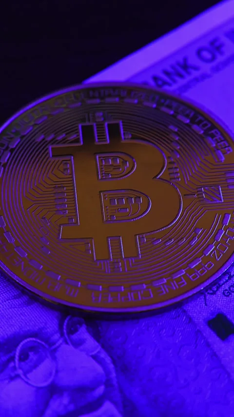Closeup view of 500 indian rupee banknote and Bitcoin BTC coin. Stock Footage 286358137