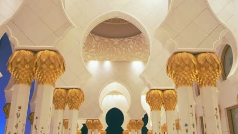 Closeup view architectural elements of Muslim modern temple. White marble Video stock 312003807
