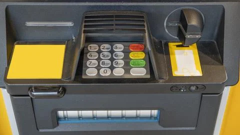 Closeup view of ATM machine keypad - money and travel concept Stock Photos