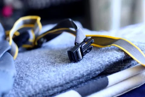 Closeup view of backpack, Grey and yellow Travel bag backside view Stock Photos