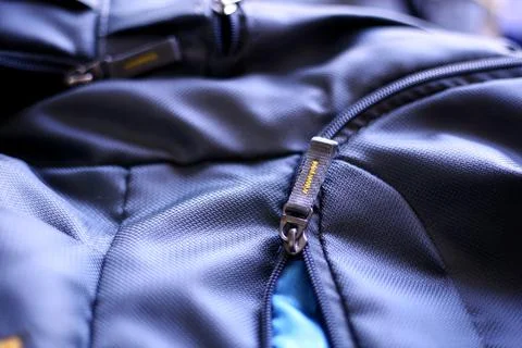 Closeup view of backpack, Grey color Travel bag close up zip view Stock Photos