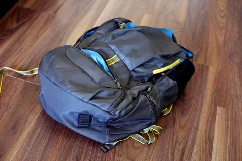 Closeup view of backpack, Grey color Travel bag top view Stock Photos