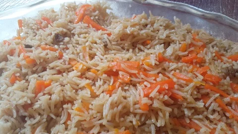 Closeup view of Basmati Rice Pulao or pulav also known as matar pulao Stock Footage 118263140