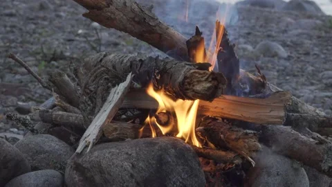 Closeup view bonfire fire in camp camping. firewood from the forest is burning. Видео 139113107