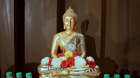 A closeup view of Buddha figurine or statue in lotus position worshiped wit.. Stock Footage 313256998