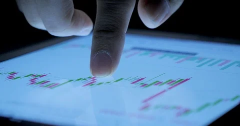 Closeup view of a businessperson's finger analyzing stock market graph on a d Stock Footage