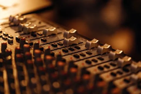 Closeup view of buttons, regulators and controls of professional TV broadcasting Stock Photos