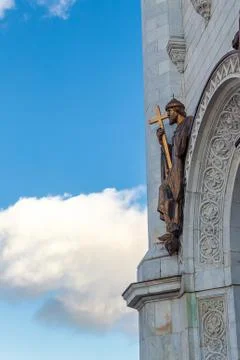 Closeup view of Cathedral of Christ the Saviour facade in Moscow with blue sk Stock Photos
