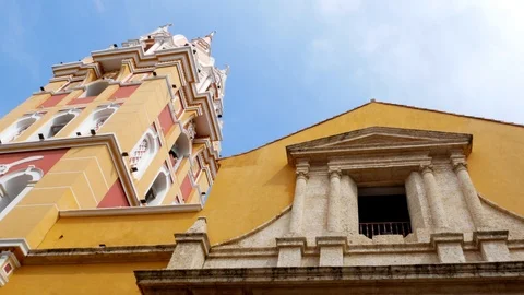 Closeup view of the Cathedral in old town Cartagena with blue sky Stock-Footage 121530607