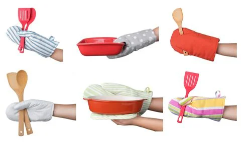 Closeup view of chefs in oven gloves holding utensils and baking pans, collag Stock Photos