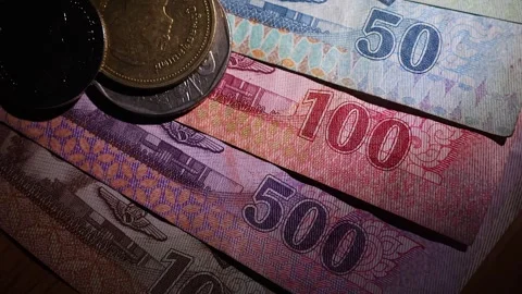 Closeup view of coins and banknotes of Thailand (thai baht) in wandering light. Stock Footage 277577446
