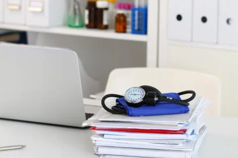 Closeup view of doctor working table Stock Photos